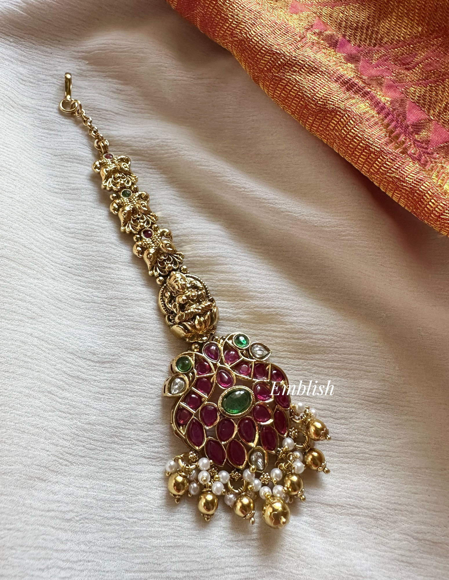 Kemp Double Peacock  with Lakshmi Tikka - Gold Beads.